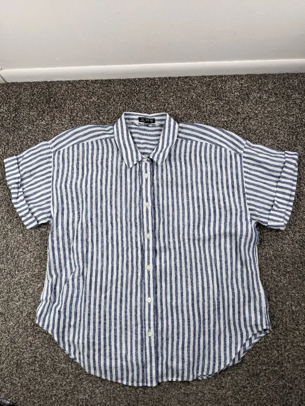 J Crew Capitaine Shirt Baird McNutt Irish Linen S/S Striped Blue Womens Large
